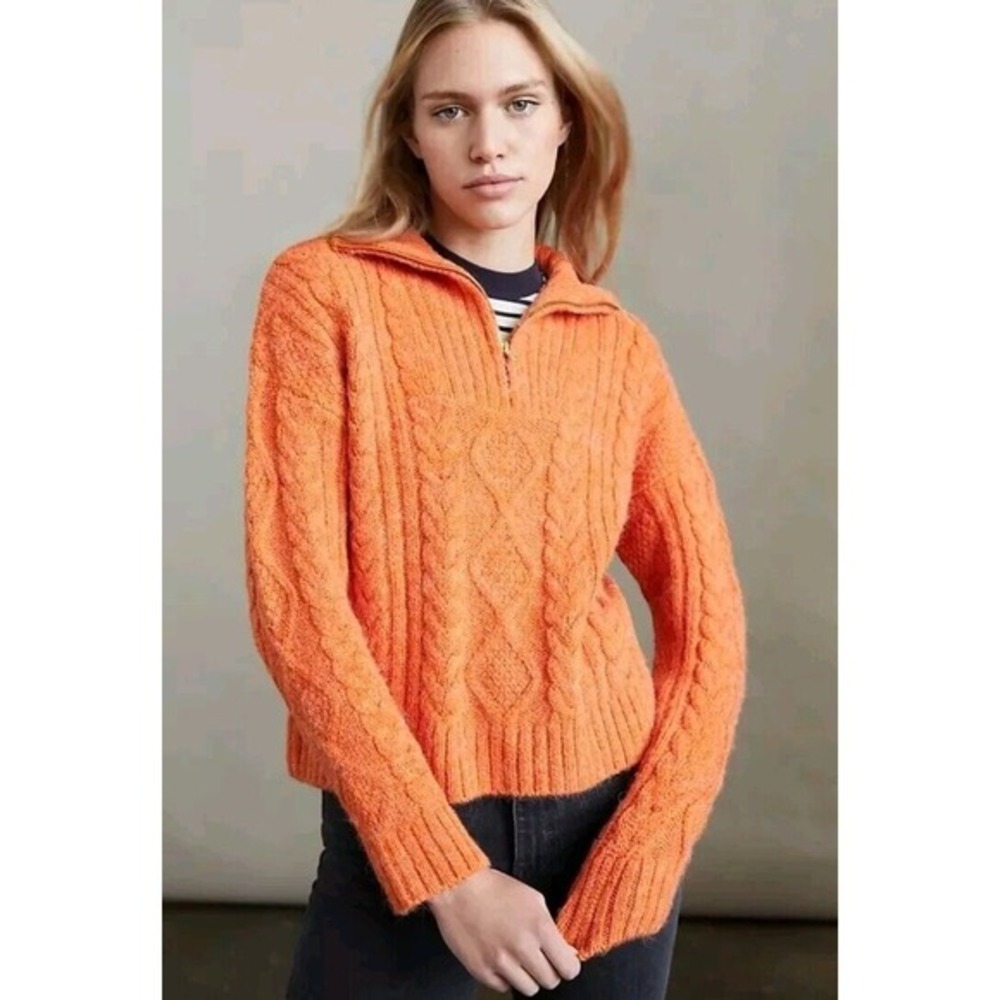 Anthropologie Payton Cable Knit Pullover Fisherman Sweater Womens Small Orange
